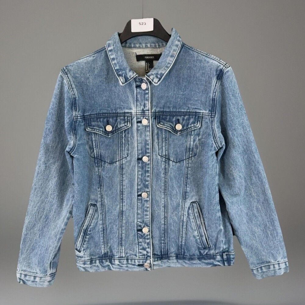 Forever 21 Denim Jacket Small Blue Light Wash New York Script Back Y2K Trucker